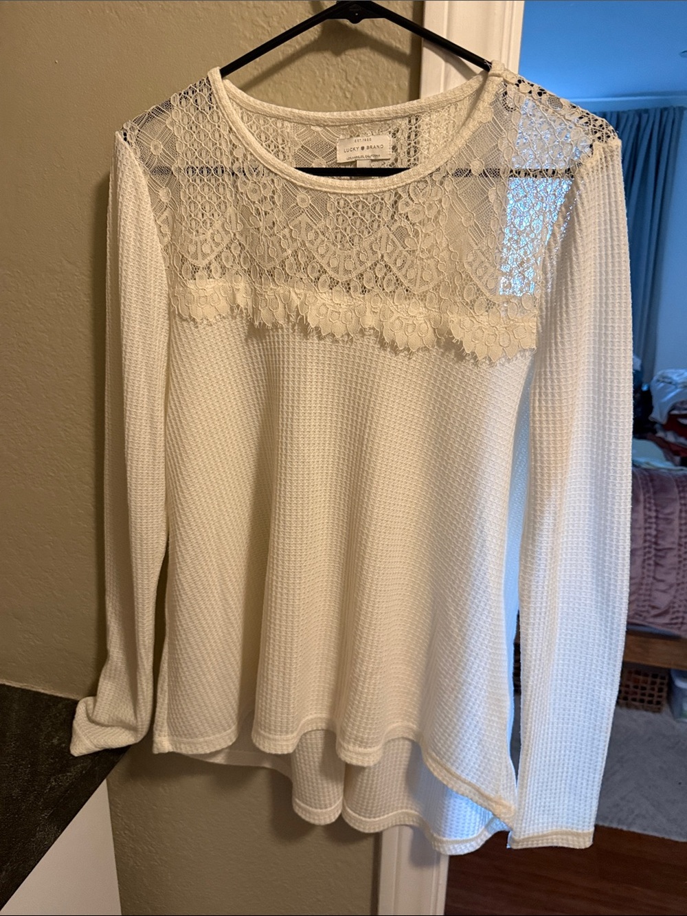 Lucky Brand Cozy Lace Yoke Long Sleeve Top - White